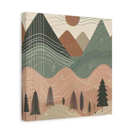 Boho mountain scene canvas print with abstract design