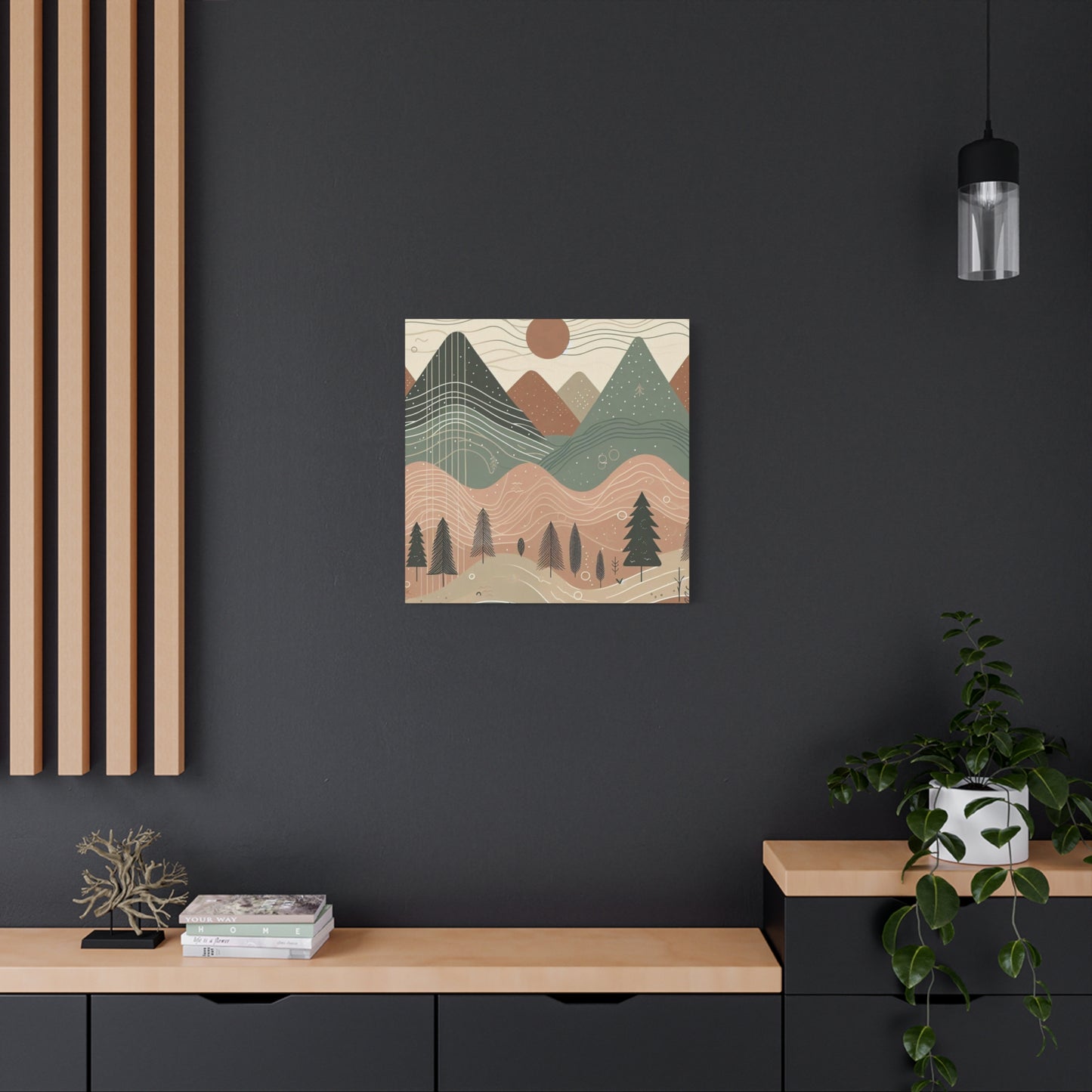Boho mountain canvas print in dark-themed room