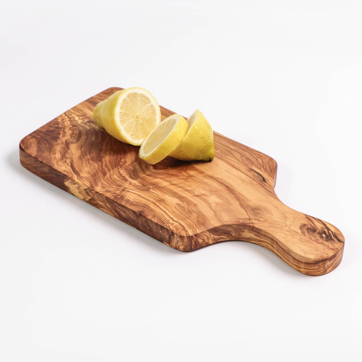 Olive wood cutting board with sliced lemons and handle