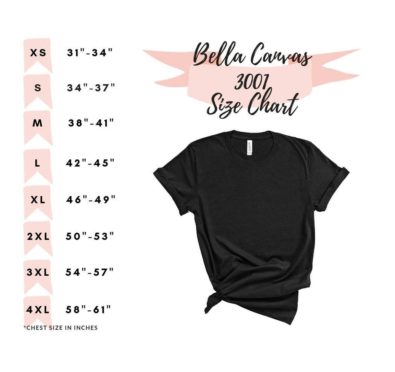 Bella Canvas 3001 size chart for T-shirts