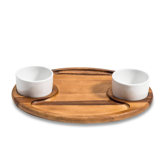 Wooden serving tray with two ceramic bowls