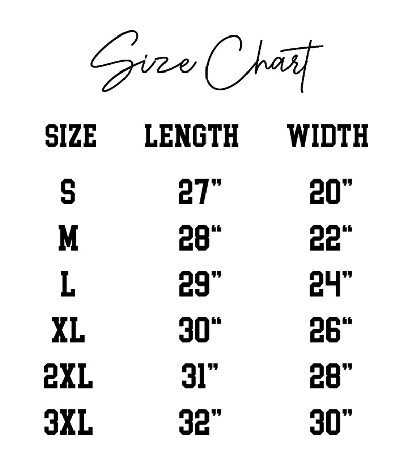 Camp Forest Sweatshirt size chart with measurements