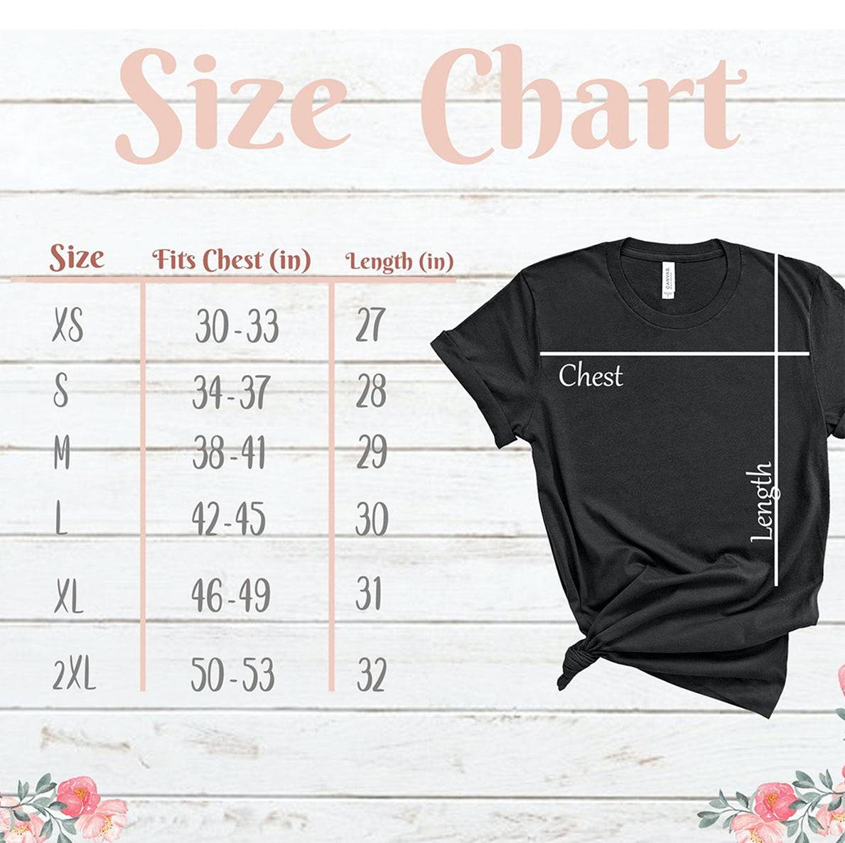 Size chart for Wild Heart Gypsy Soul T-shirt from XS to 2XL