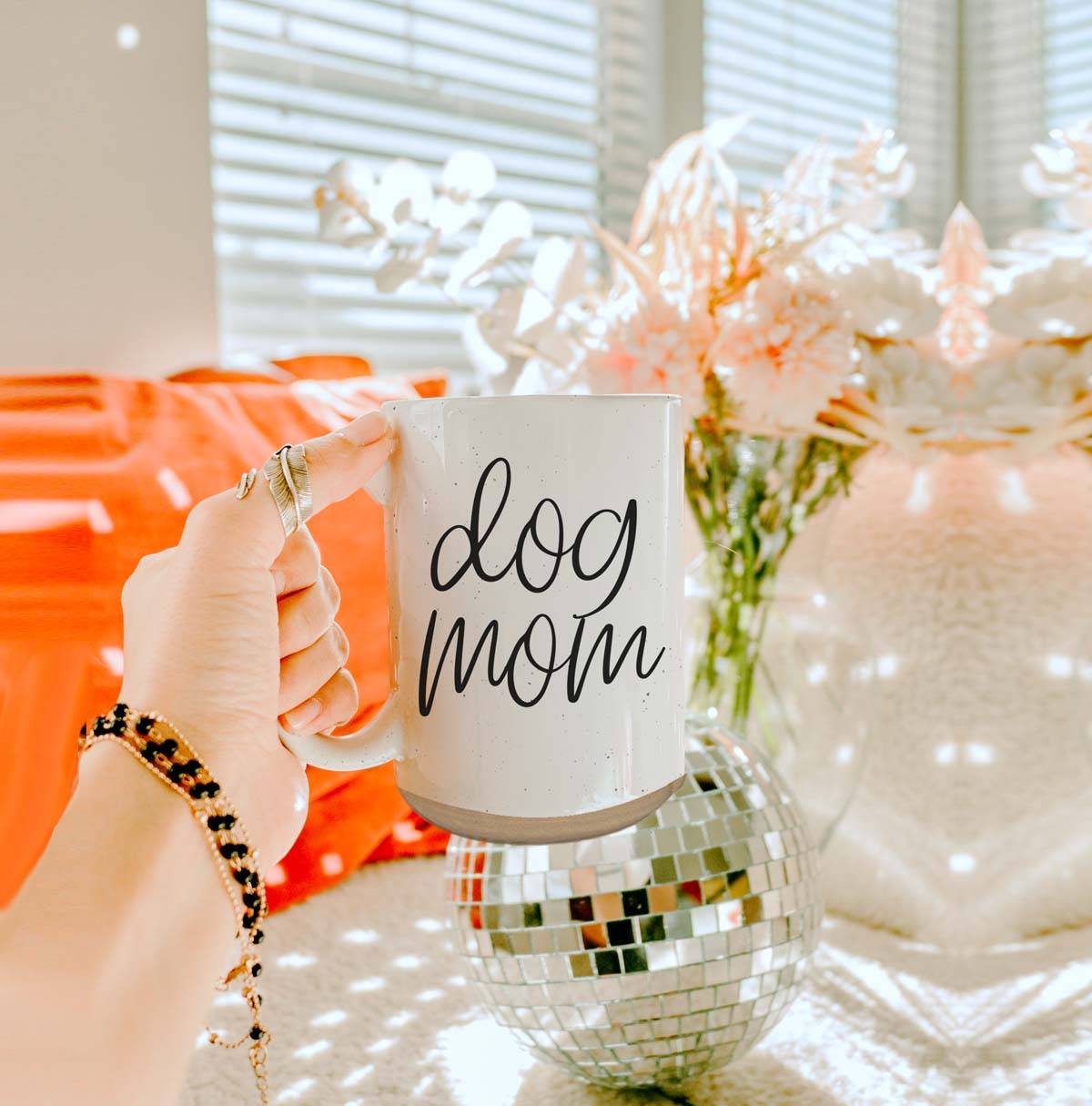 Dog Mom mug with disco ball decor