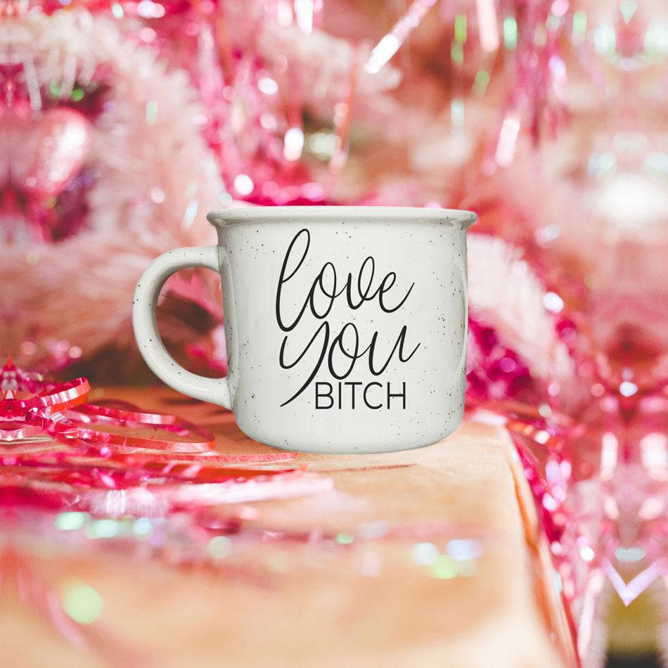 'Love You Bitch' mug displayed on a festive pink background, a quirky and fun gift for Galentines or friends.