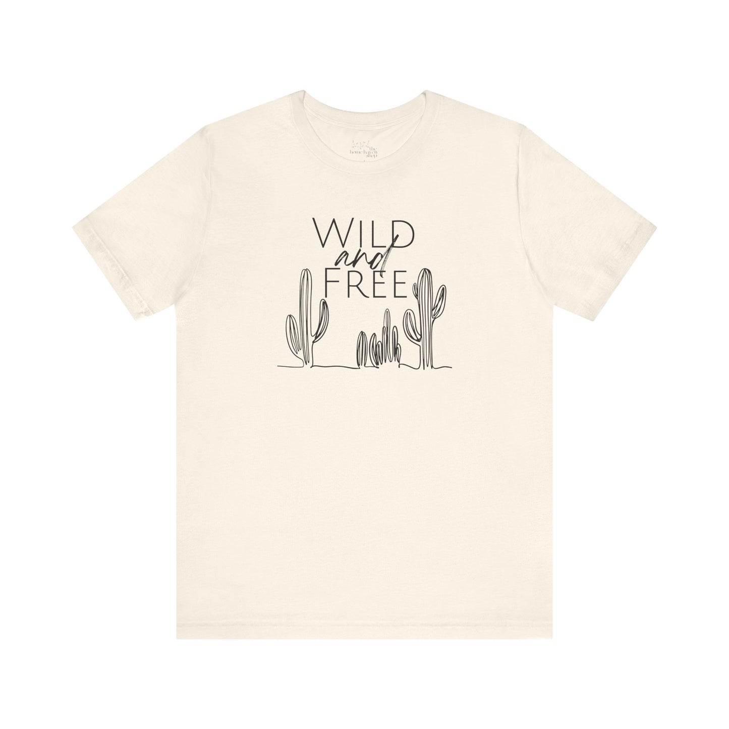 Cream Wild and Free cactus graphic T-shirt laid flat, highlighting a desert-inspired minimalist design for casual wear.