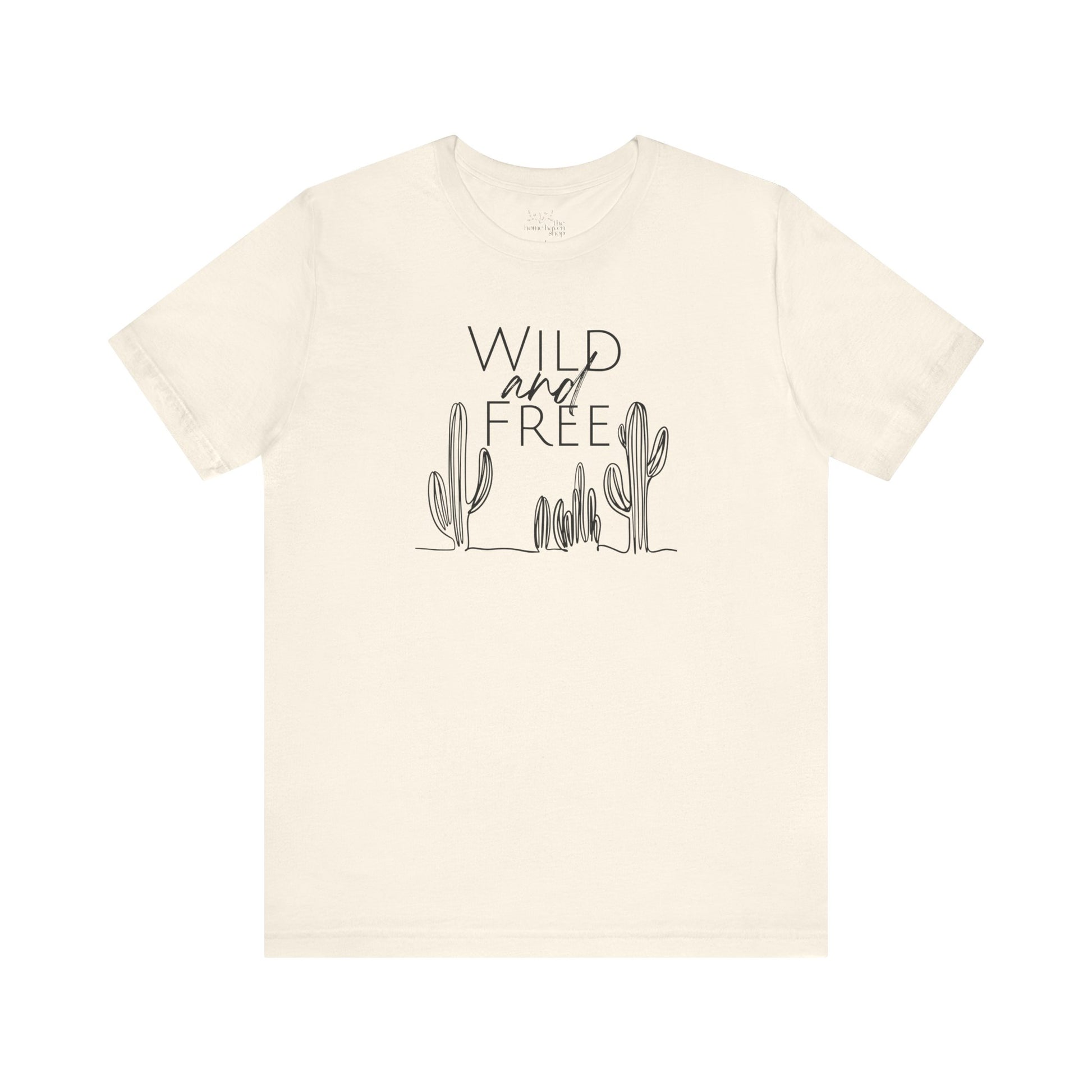 Cream Wild and Free cactus graphic T-shirt laid flat, highlighting a desert-inspired minimalist design for casual wear.