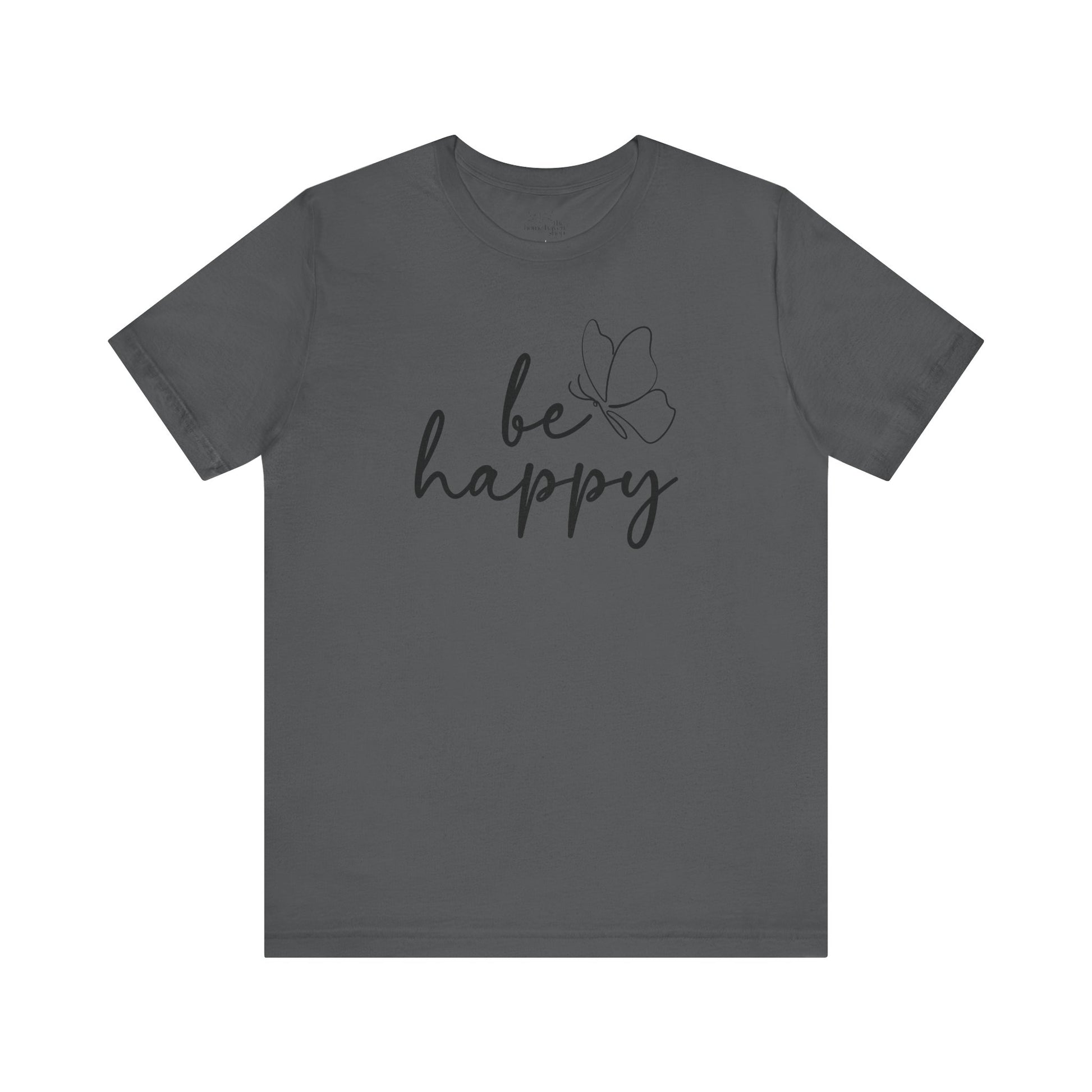 Be Happy graphic t-shirt in charcoal gray with minimalist butterfly design, offering a trendy and uplifting wardrobe essential.