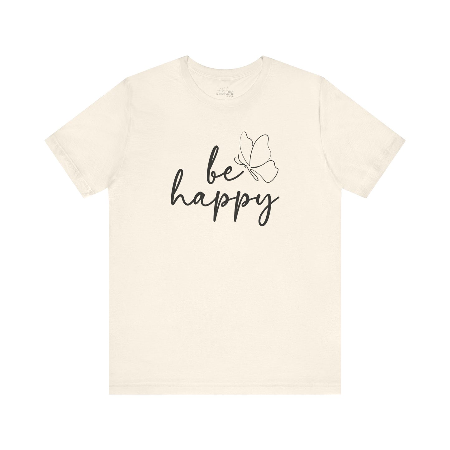 Be Happy graphic t-shirt in cream with minimalist butterfly design, ideal for a lightweight and stylish casual outfit.