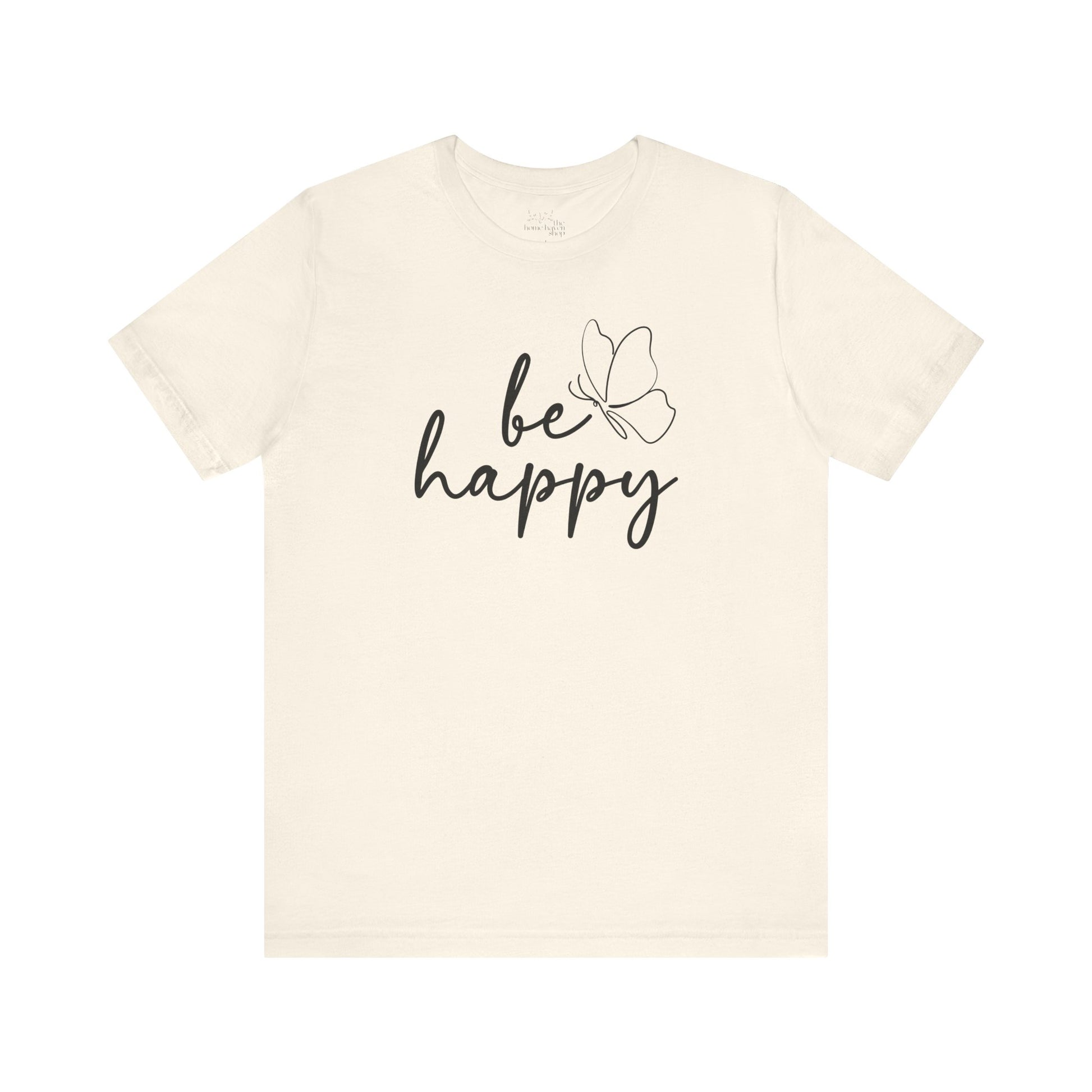 Be Happy graphic t-shirt in cream with minimalist butterfly design, ideal for a lightweight and stylish casual outfit.