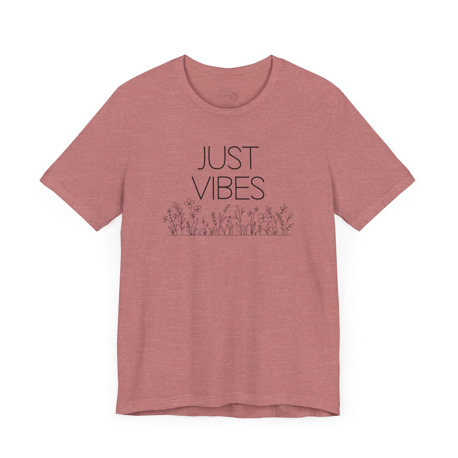 Just Vibes Graphic T-Shirt in dusty rose with minimalist floral design laid flat against a plain white background.