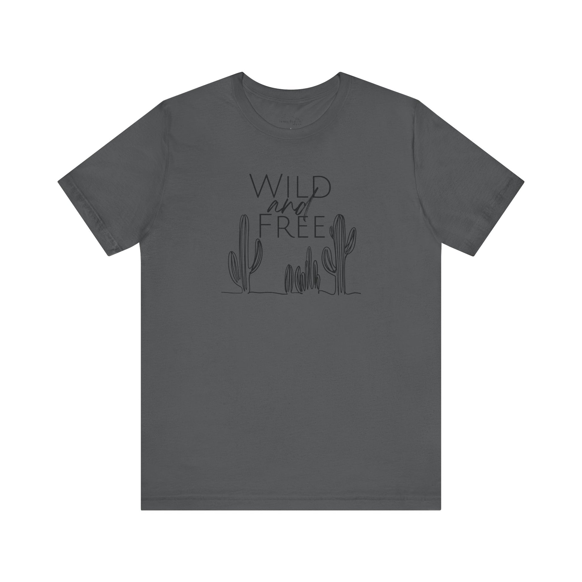 Charcoal Wild and Free cactus graphic T-shirt laid flat, featuring a subtle boho design ideal for outdoor enthusiasts and casual looks.