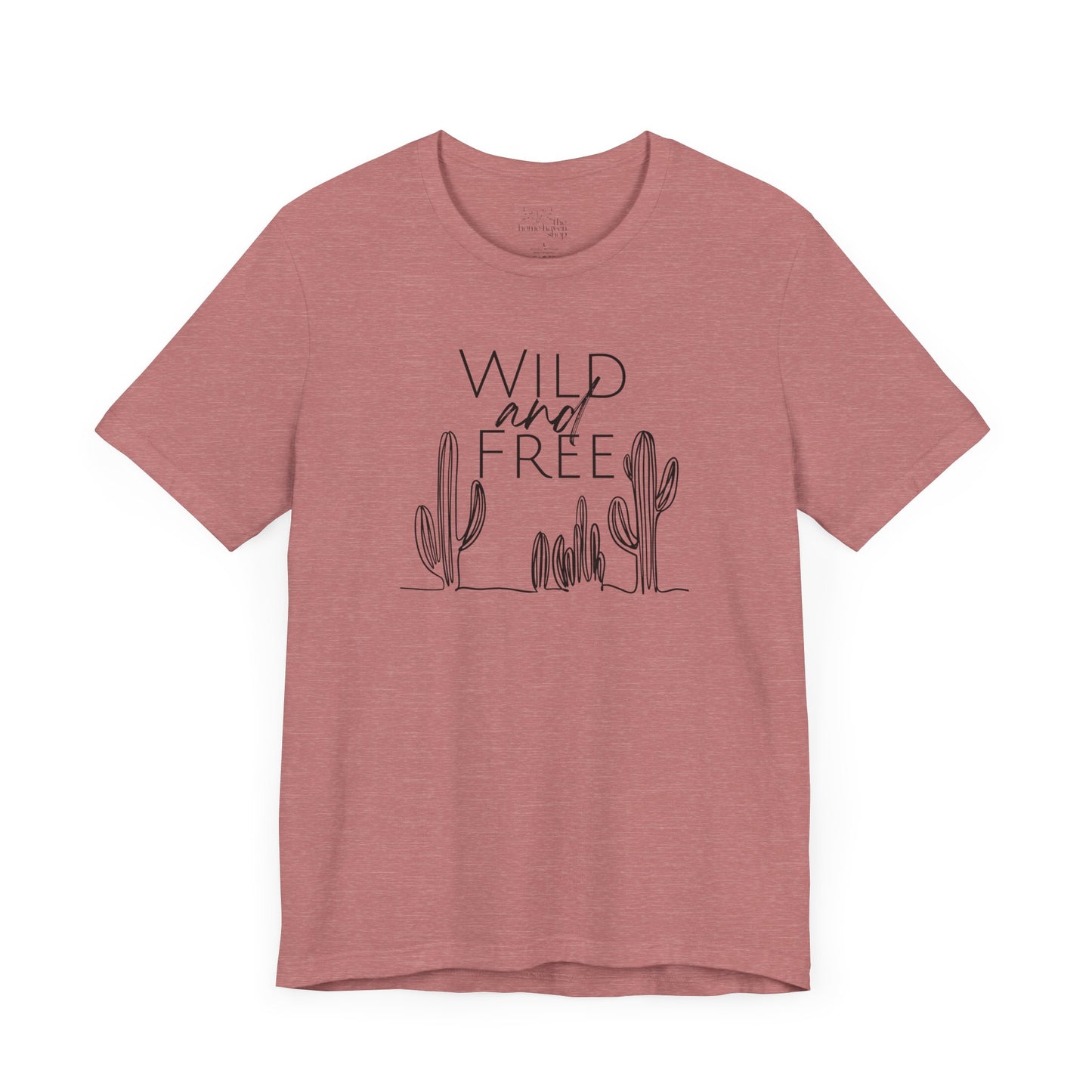 Rust-colored Wild and Free cactus graphic T-shirt displayed flat, showcasing a relaxed fit and minimalist boho design.