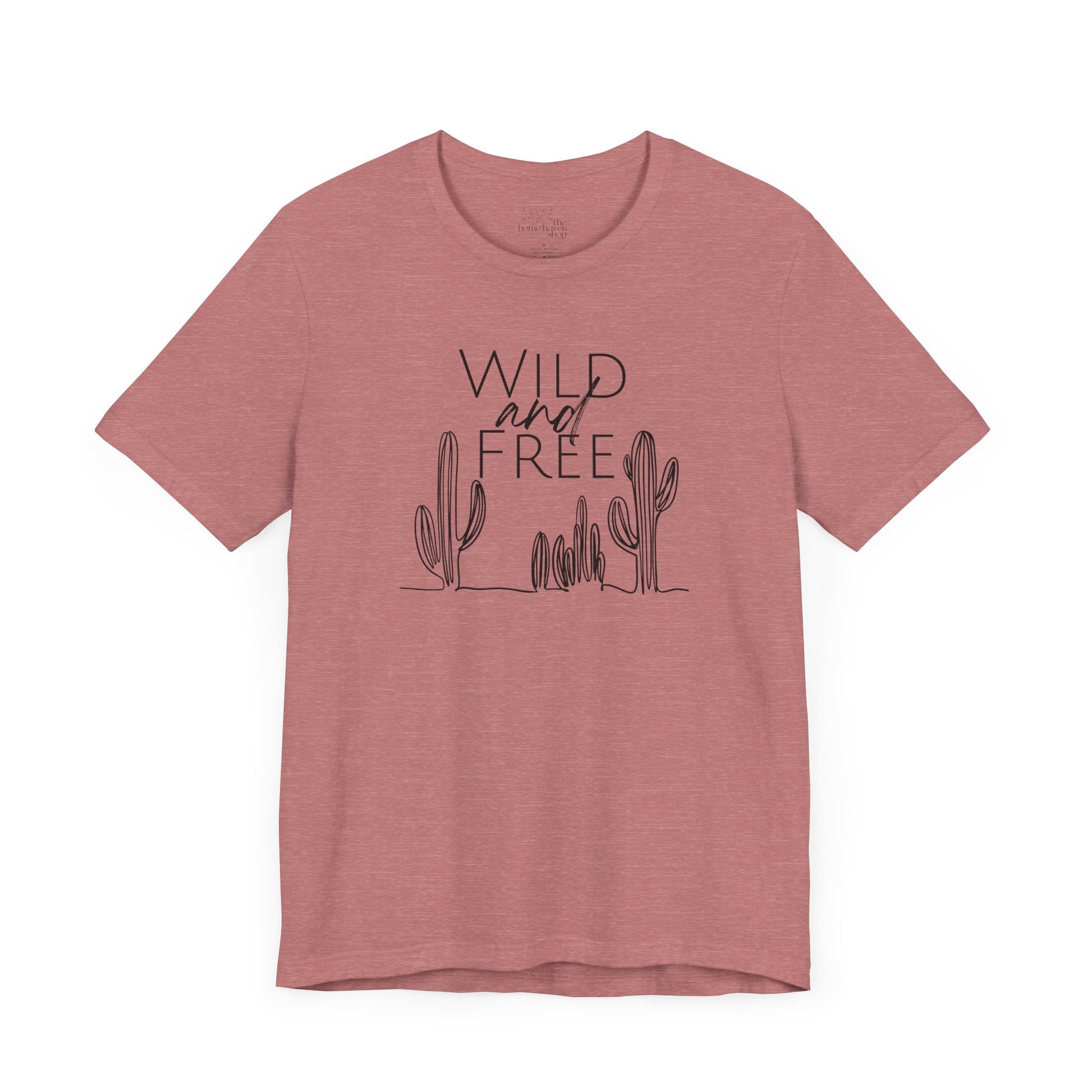 Rust-colored Wild and Free cactus graphic T-shirt displayed flat, showcasing a relaxed fit and minimalist boho design.