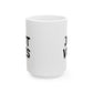 Side view of a white ceramic 15oz mug with partial 'Just Vibes' text in black, showcasing its sleek and durable design.