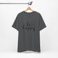 Charcoal gray Be Happy graphic t-shirt with minimalist butterfly design hanging on a wooden hanger for a sleek and modern style.