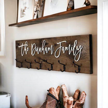 Personalized Family Name Wall-Mounted Coat Rack - Rustic Wooden Entryway Organizer