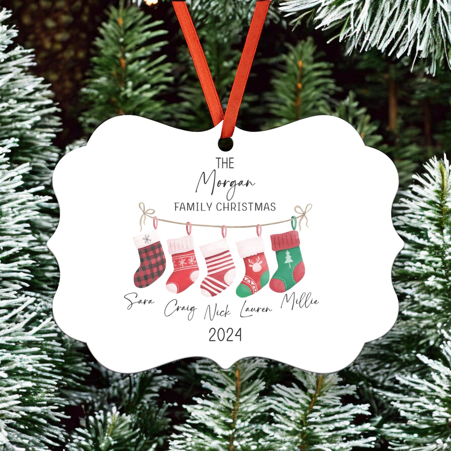 Custom Family Christmas Ornament 2024 – Personalized Metal Holiday Keepsake with Hanging Ribbon