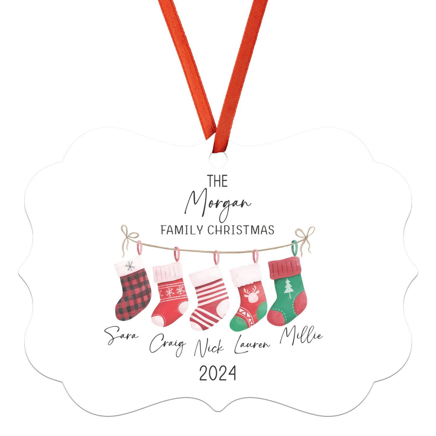 Custom Family Christmas Ornament 2024 – Personalized Metal Holiday Keepsake with Hanging Ribbon