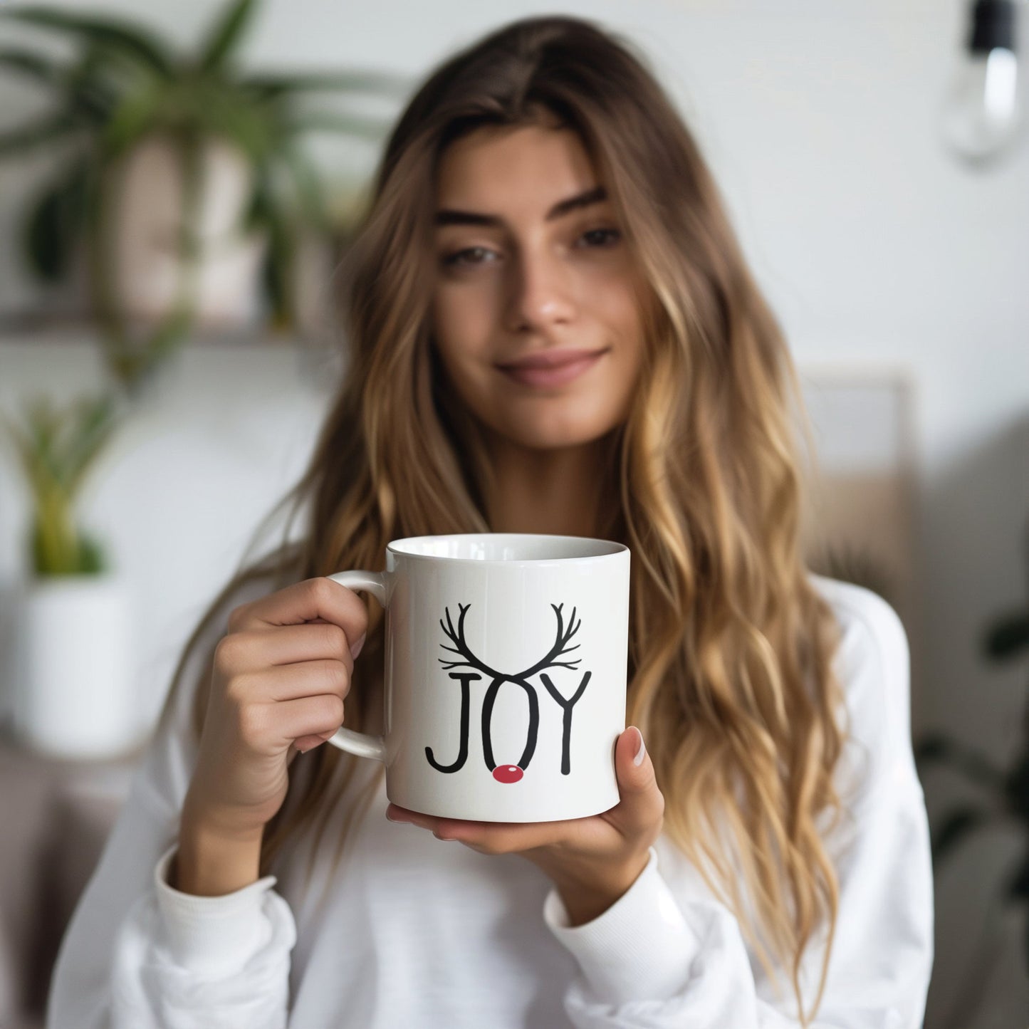 Joyful Reindeer Antlers Mug held by woman