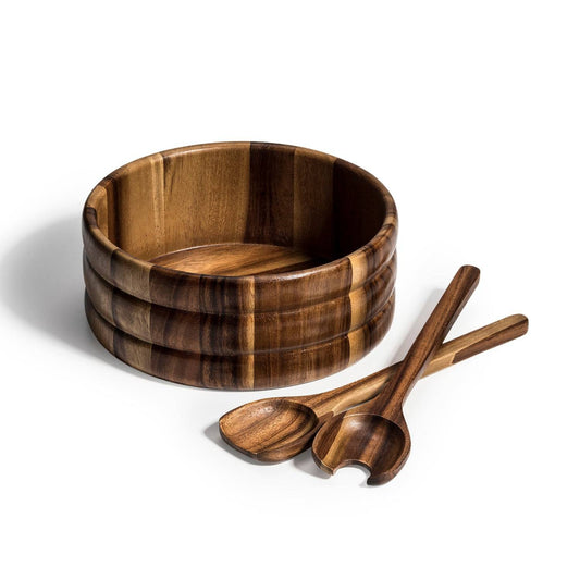 Wooden Acacia Salad Bowl with Matching Serving Utensils – Rustic and Durable Kitchenware