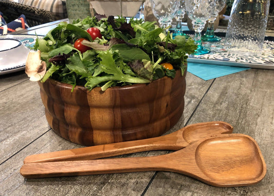 Wooden Acacia Salad Bowl with Matching Serving Utensils – Rustic and Durable Kitchenware