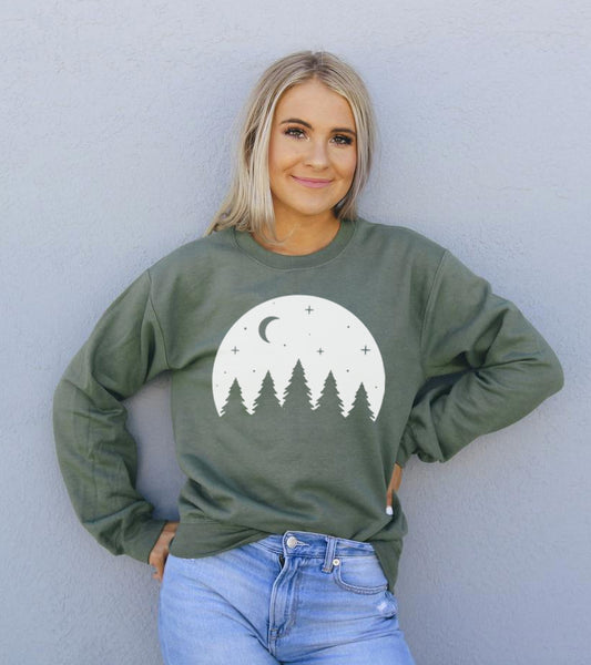 Military green Camp Forest Sweatshirt with moon and trees