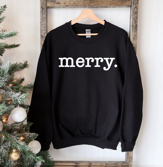 Black Merry Christmas sweatshirt on hanger