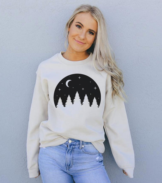 Sand Camp Forest Sweatshirt with moon and trees design