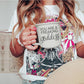 14.5oz ceramic coffee mug with 'You Are a Freaking Goddess' quote, held by a woman wearing a colorful graphic tee.