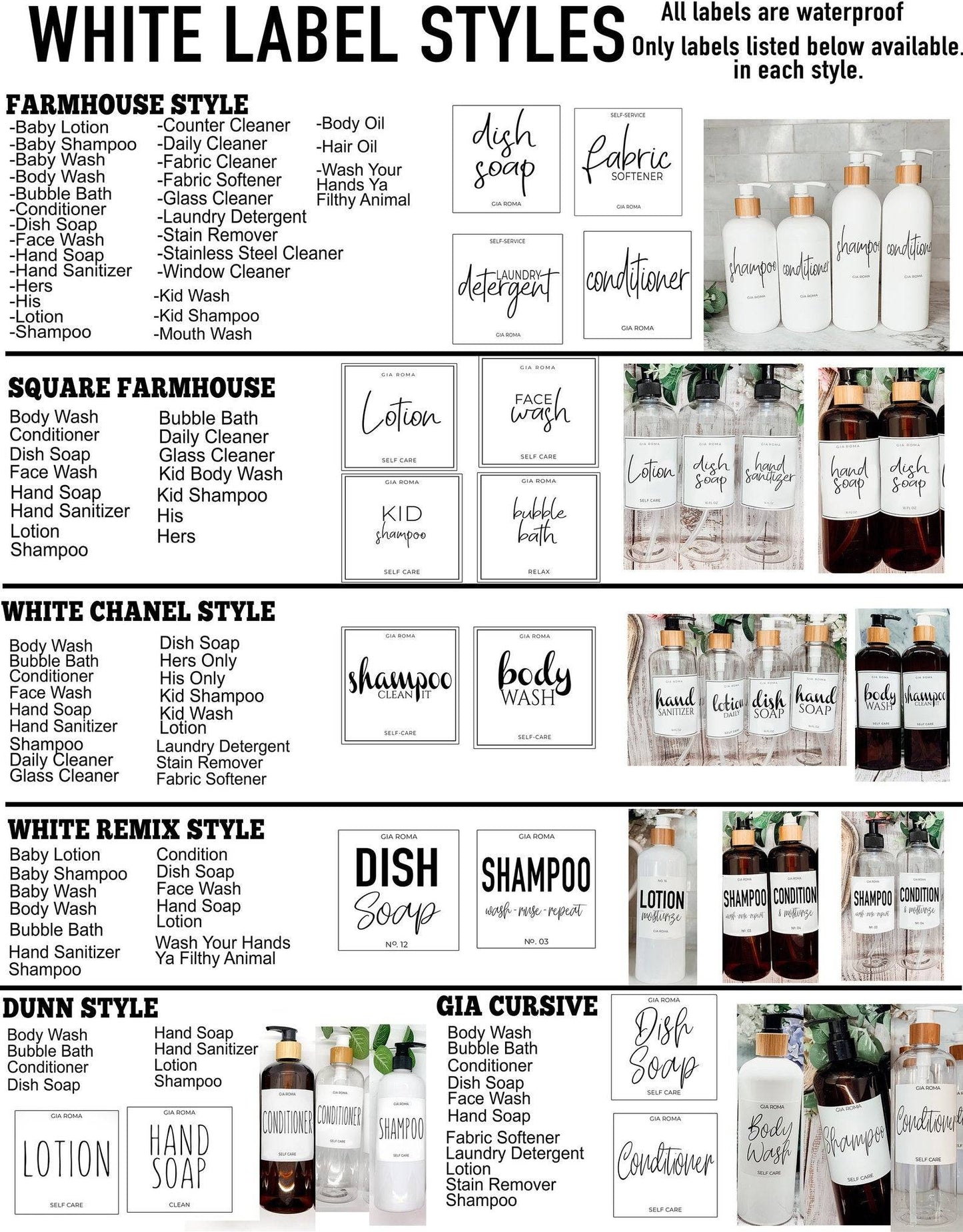 White label styles chart showcasing various custom label designs for 16oz PET pump bottles. Includes options for shampoo, body wash, and dish soap.