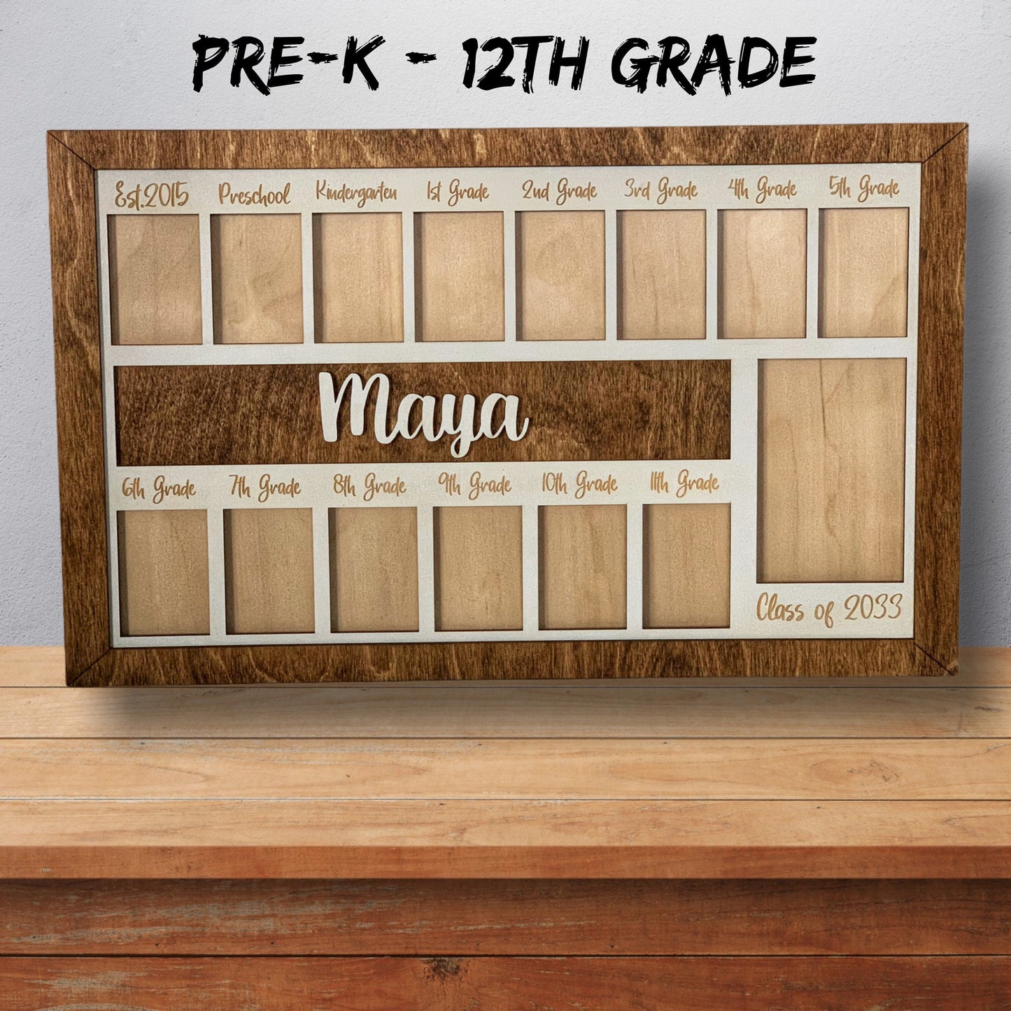 3D Pre-K-12 School Years Picture Frame Custom Personalized Photo Display with Raised Lettering Rustic Photo Display Board Back to School