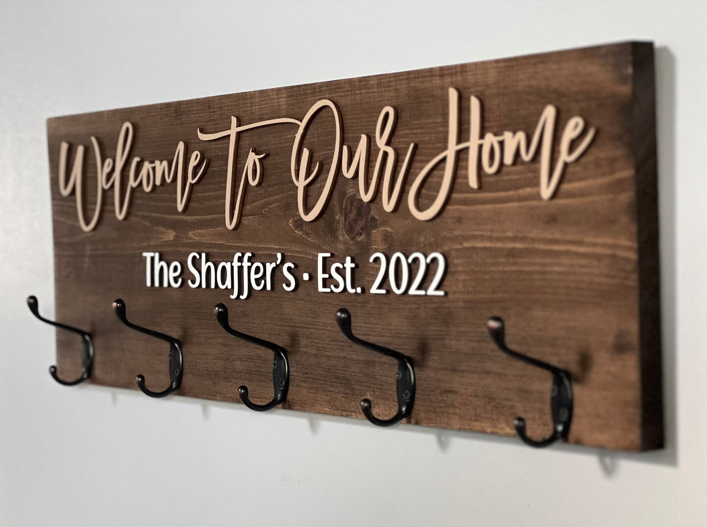 Custom Welcome Coat Rack Wall Mount w 3D Raised Lettering Personalized Sign w Hooks Hanger Wedding Gift Rustic Family Name Housewarming Gift