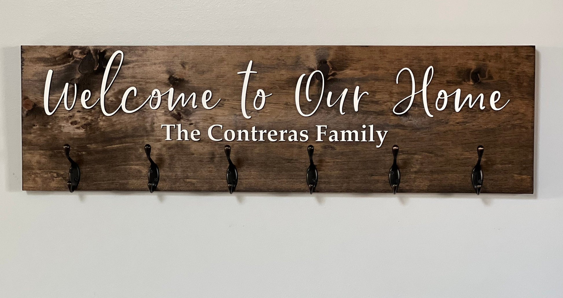 Custom Welcome Coat Rack Wall Mount w 3D Raised Lettering Personalized Sign w Hooks Hanger Wedding Gift Rustic Family Name Housewarming Gift