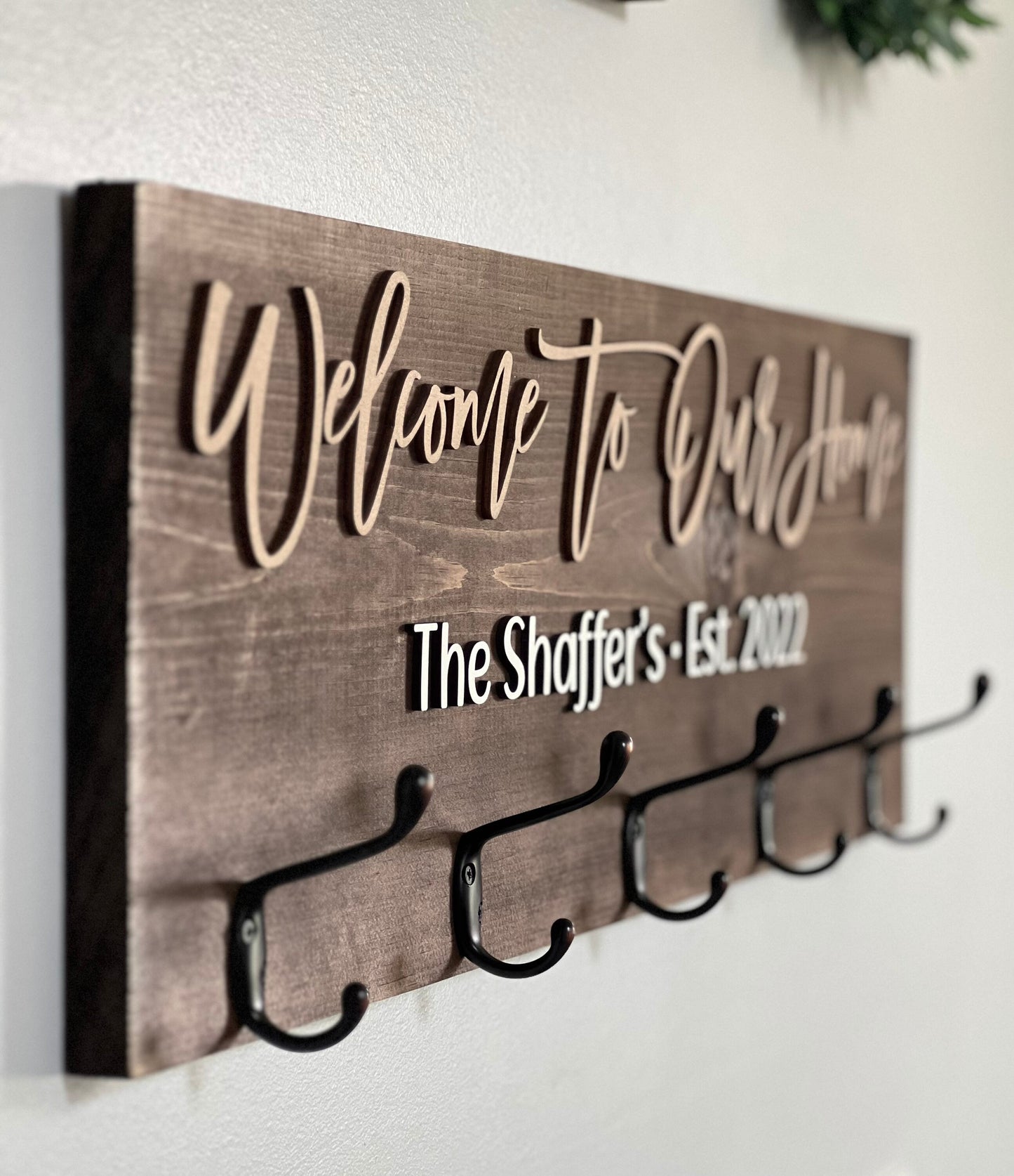 Custom Welcome Coat Rack Wall Mount w 3D Raised Lettering Personalized Sign w Hooks Hanger Wedding Gift Rustic Family Name Housewarming Gift