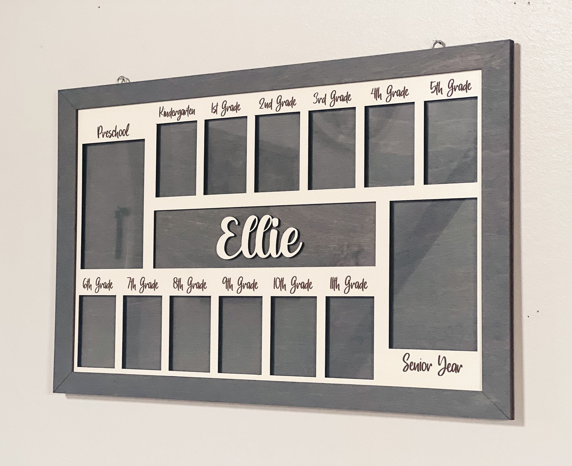 3D K-12 School Years Picture Frame Custom Personalized Photo Display (Gray) with Raised Lettering Rustic Photo Display Board Back to School