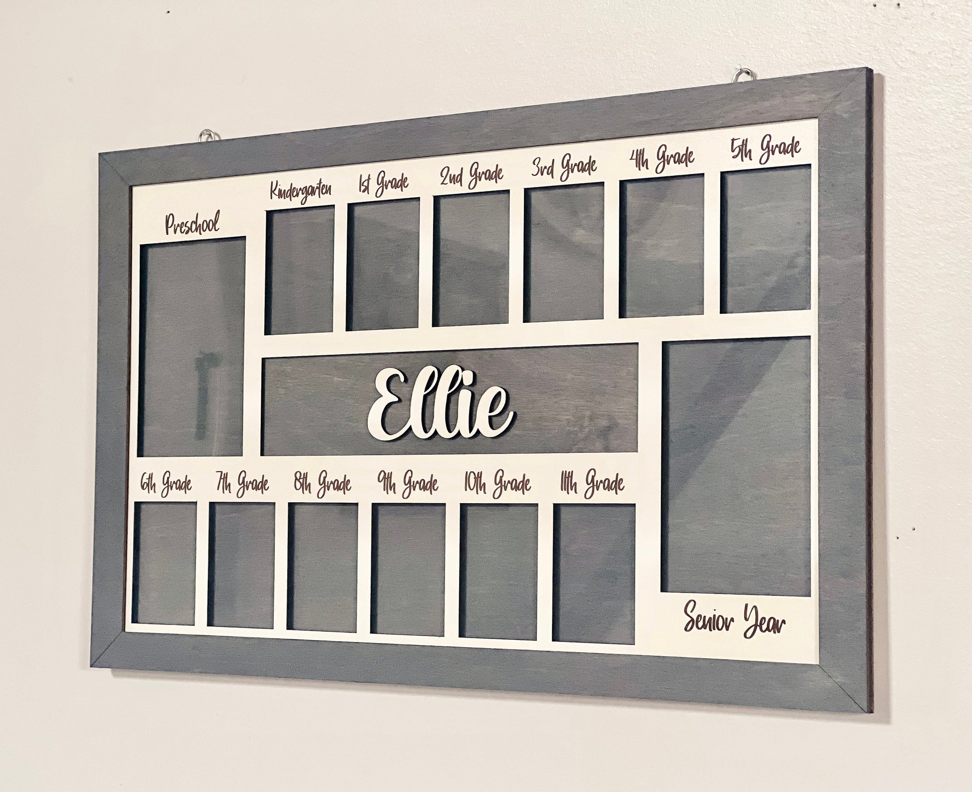 3D K-12 School Years Picture Frame Custom Personalized Photo Display (Gray) with Raised Lettering Rustic Photo Display Board Back to School