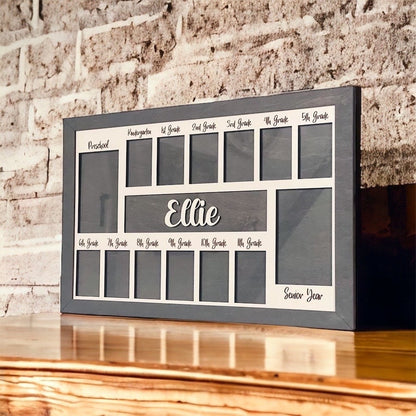 3D K-12 School Years Picture Frame Custom Personalized Photo Display (Gray) with Raised Lettering Rustic Photo Display Board Back to School