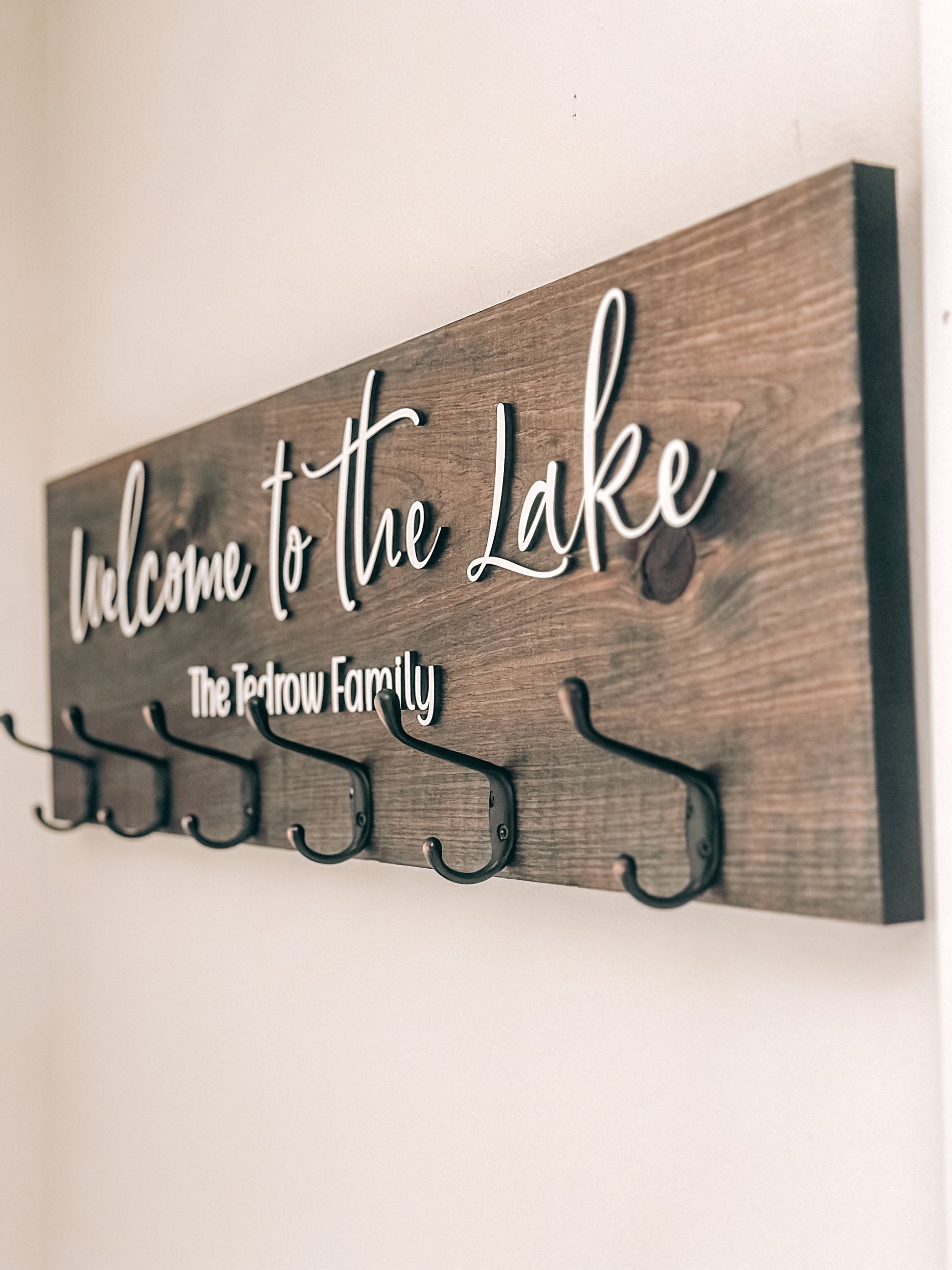 Custom Lake House Welcome Coat Rack Wall Mount w 3D Lettering Personalized Sign w Hooks Hanger Wedding Gift Family Name Housewarming Gift