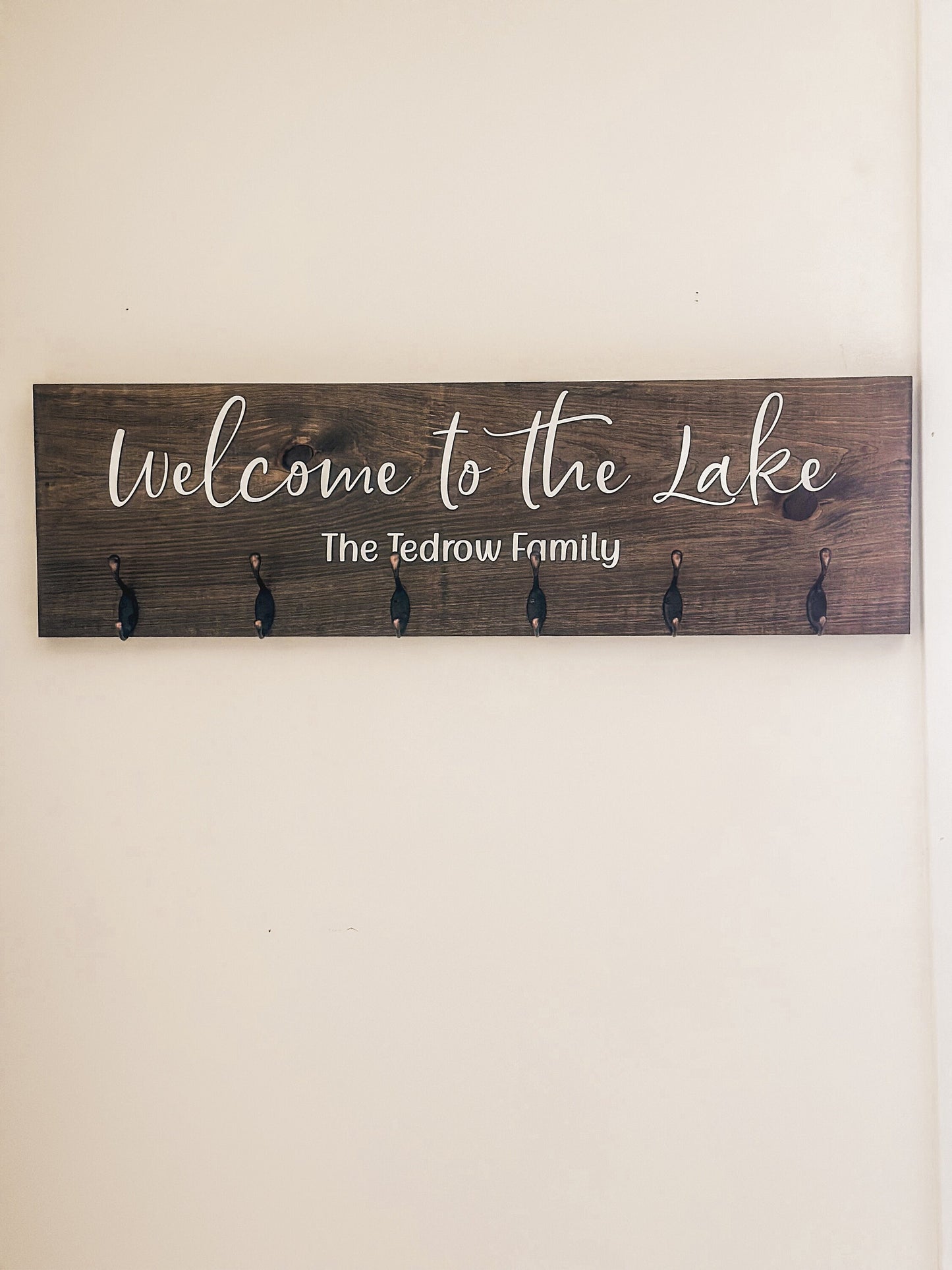 Custom Lake House Welcome Coat Rack Wall Mount w 3D Lettering Personalized Sign w Hooks Hanger Wedding Gift Family Name Housewarming Gift