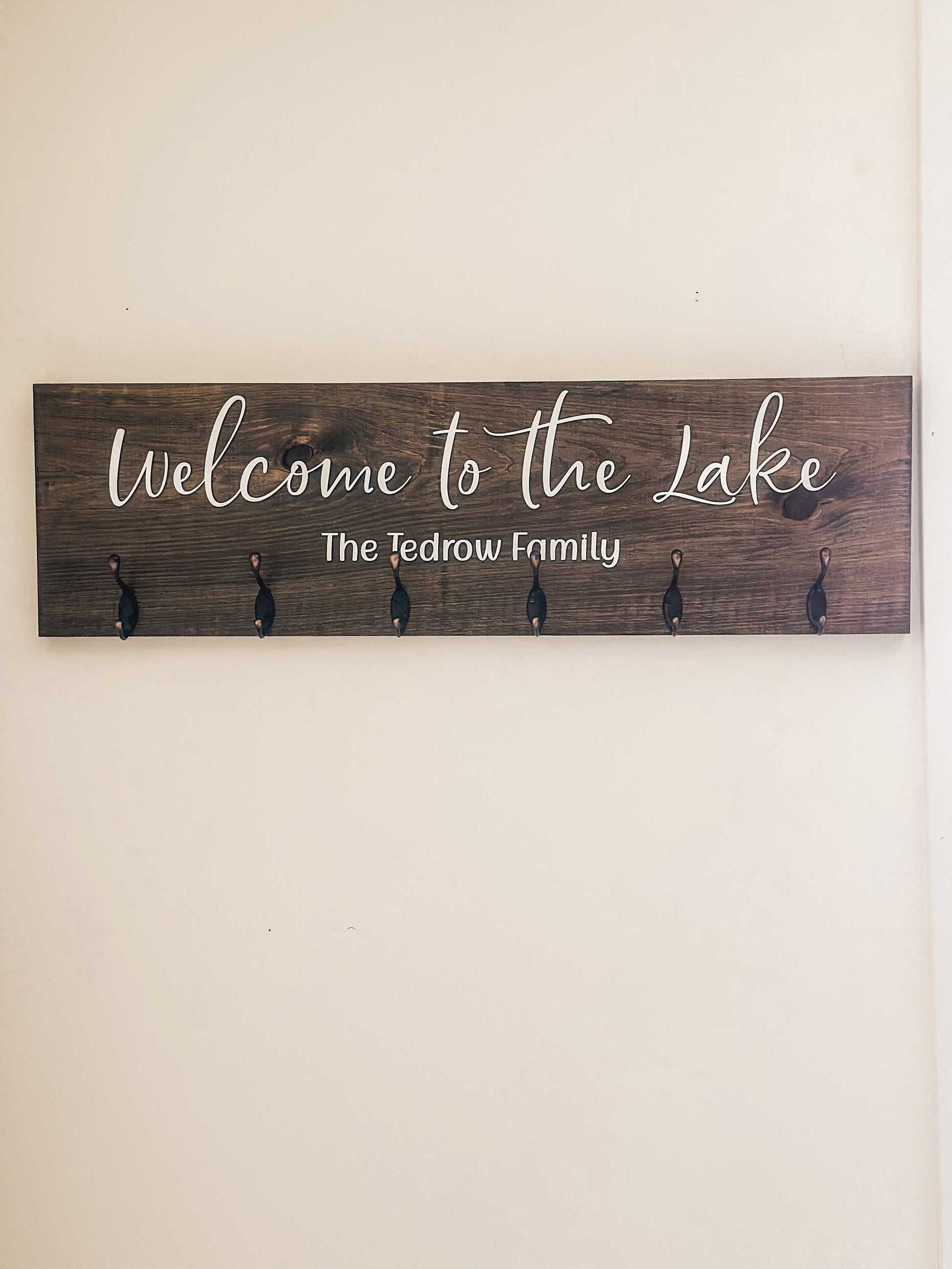 Custom Lake House Welcome Coat Rack Wall Mount w 3D Lettering Personalized Sign w Hooks Hanger Wedding Gift Family Name Housewarming Gift