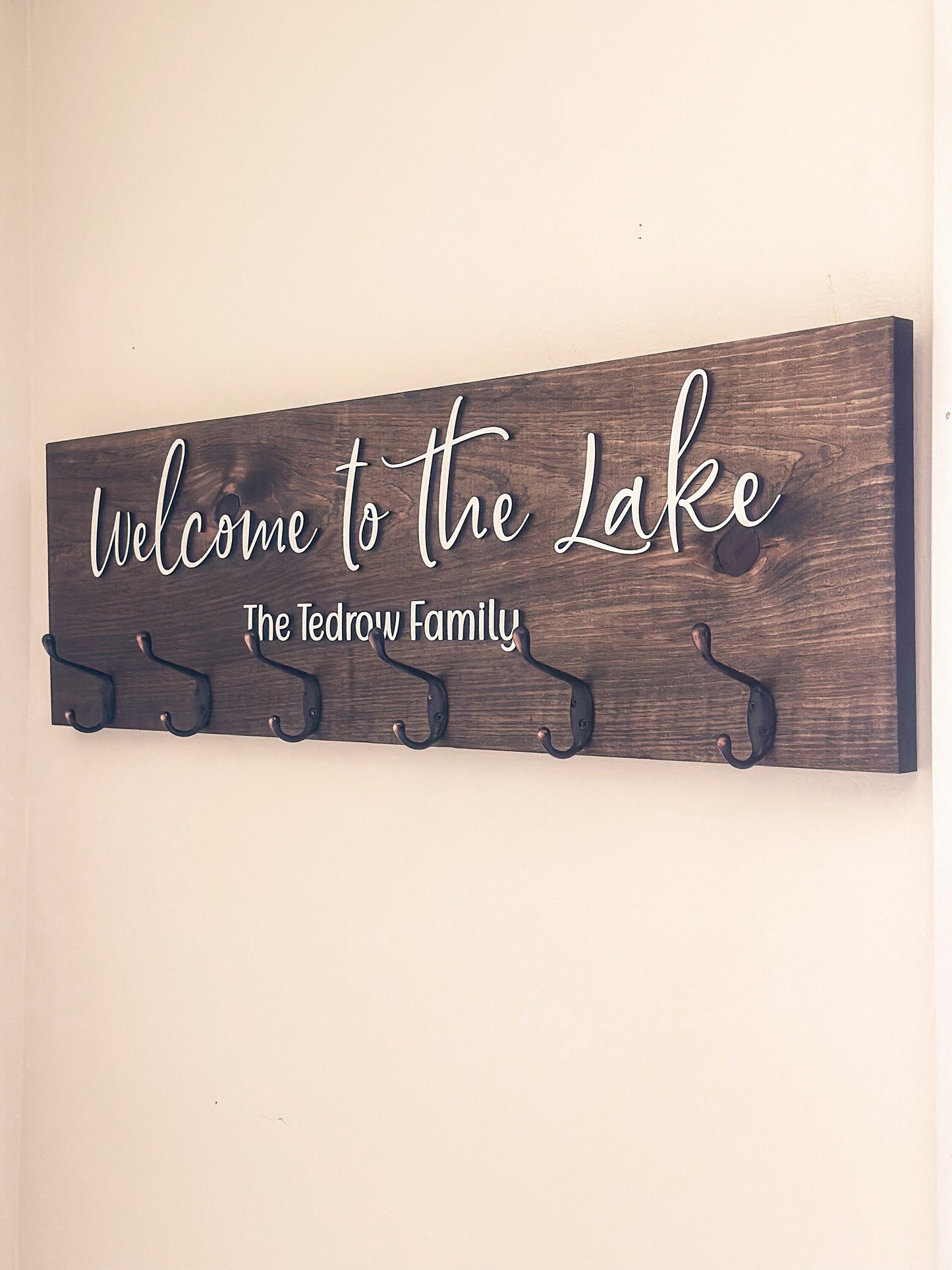 Custom Lake House Welcome Coat Rack Wall Mount w 3D Lettering Personalized Sign w Hooks Hanger Wedding Gift Family Name Housewarming Gift