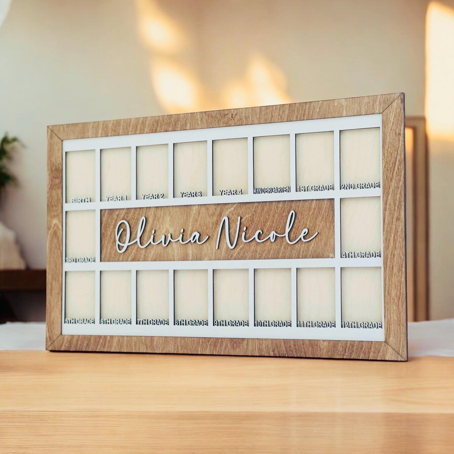 3D Birth to 12 Grade School Years Picture Frame Custom Personalized Photo Display with Raised Lettering Rustic Photo Display Board