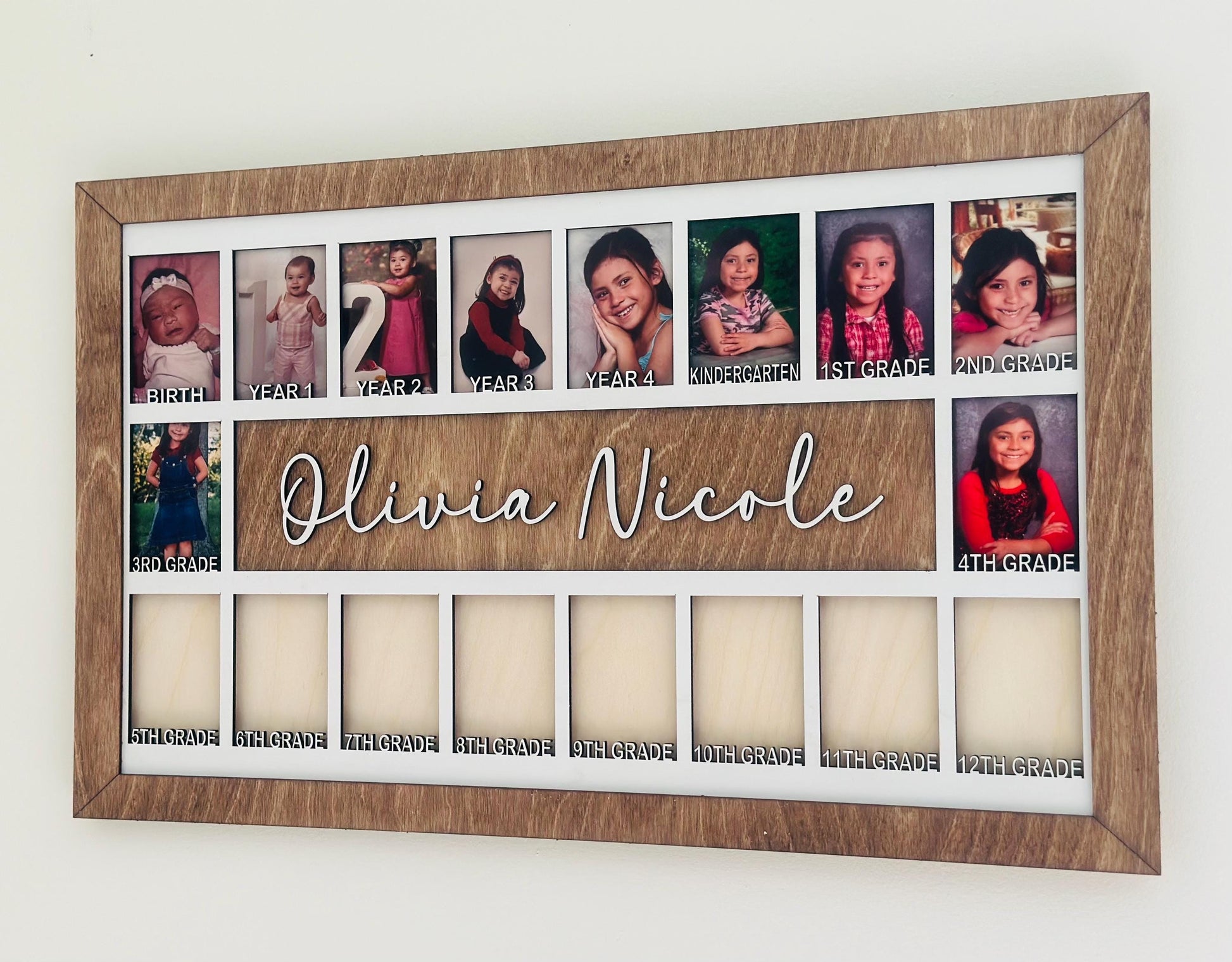 3D Birth to 12 Grade School Years Picture Frame Custom Personalized Photo Display with Raised Lettering Rustic Photo Display Board