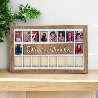 3D Birth to 12 Grade School Years Picture Frame Custom Personalized Photo Display with Raised Lettering Rustic Photo Display Board