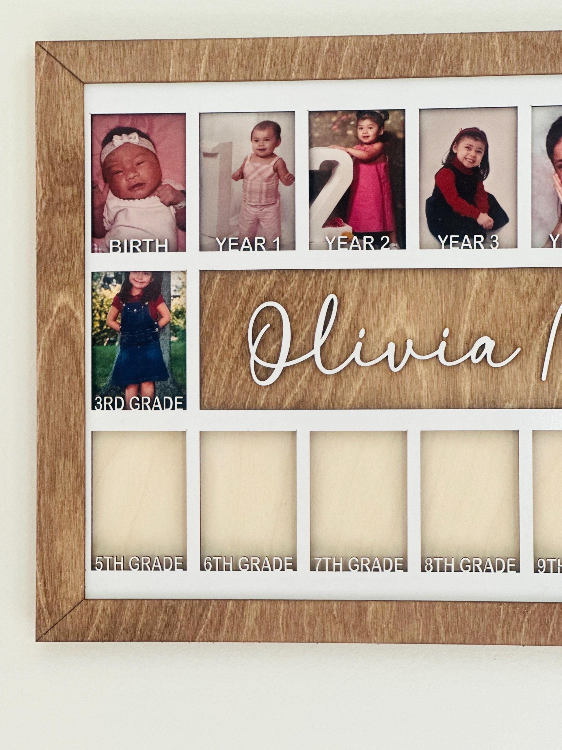 3D Birth to 12 Grade School Years Picture Frame Custom Personalized Photo Display with Raised Lettering Rustic Photo Display Board