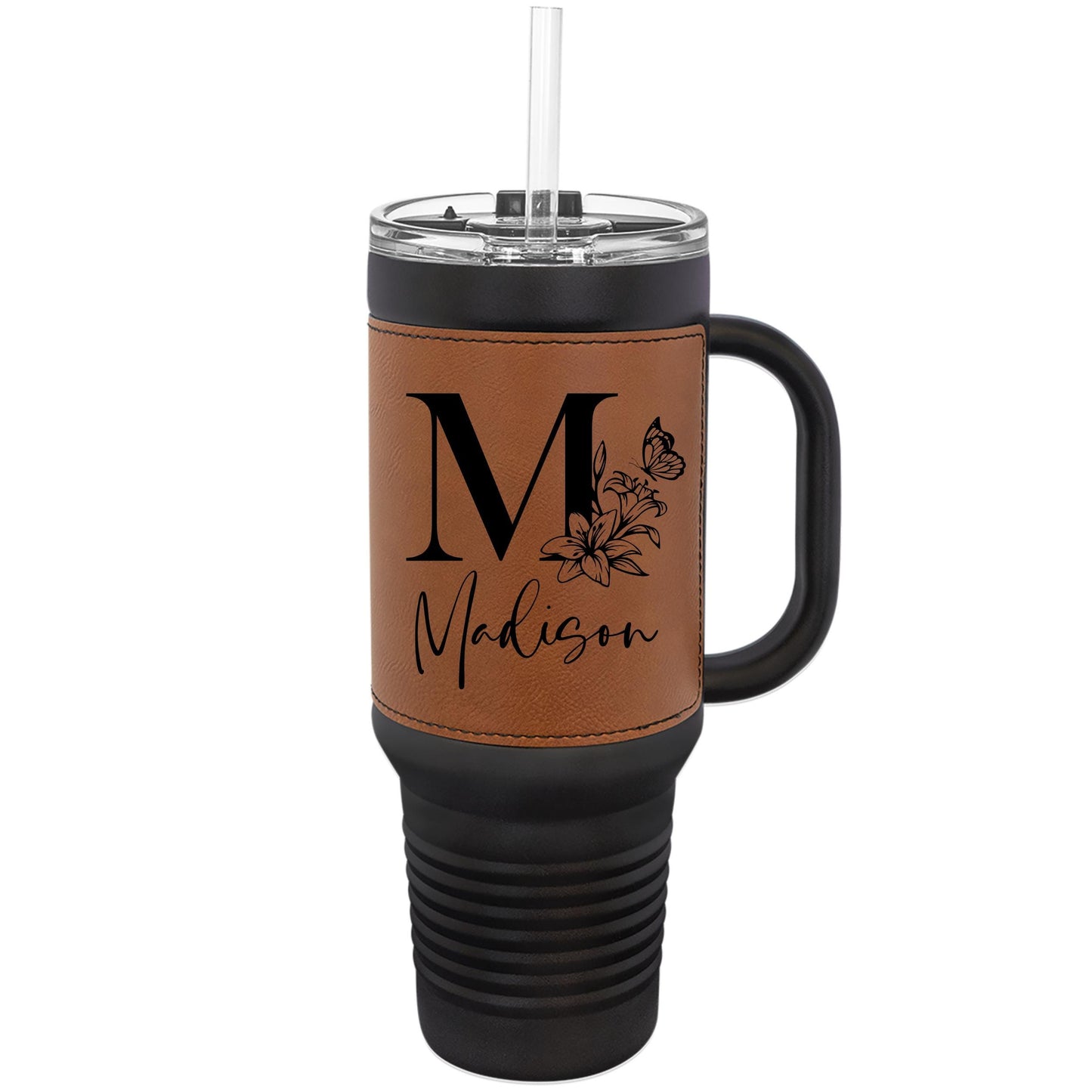 Personalized Floral Monogram 40oz Polar Camel Tumbler w Laser Engraved Leatherette Wrap | Custom Name Gift | Insulated Stainless Steel Mug