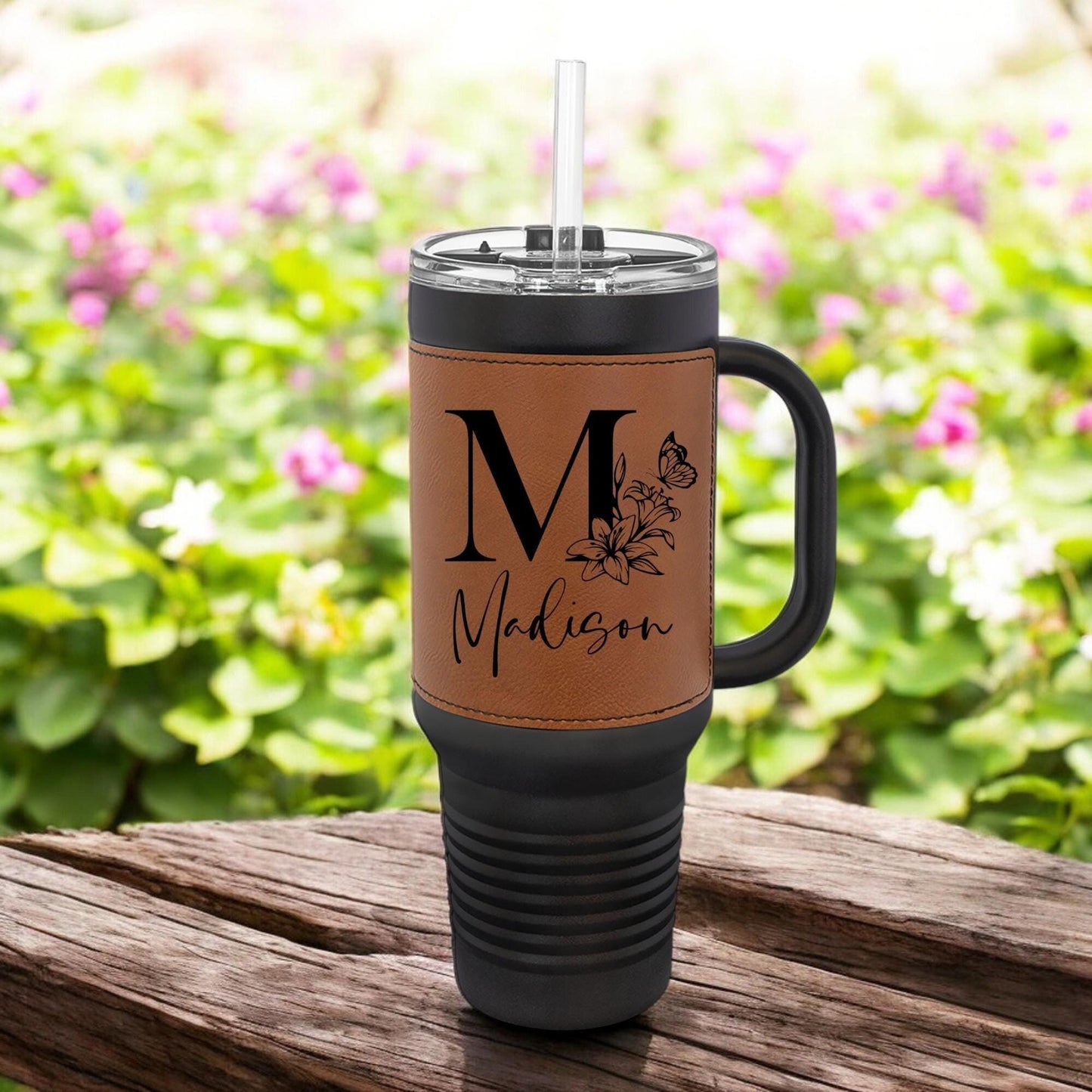 Personalized Floral Monogram 40oz Polar Camel Tumbler w Laser Engraved Leatherette Wrap | Custom Name Gift | Insulated Stainless Steel Mug