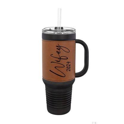 Wifey Hubby 2024 Travel Coffee Mug Tumbler w/ Handle Personalized Bride Groom Anniversary Wedding Gift Laser Engraved 40oz