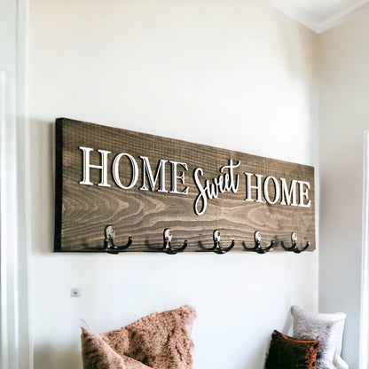 "Home Sweet Home" Wall Mounted Coat Rack | Rustic Wooden Coat Hanger